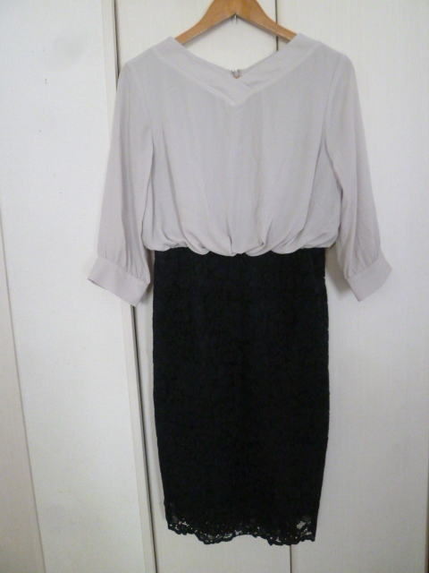 ライトグレー×紺◇花柄レース異素材ドッキングワンピース9AR9号M/結婚式パーティーフォーマル入学式卒業式入園卒園◇OP730拍卖