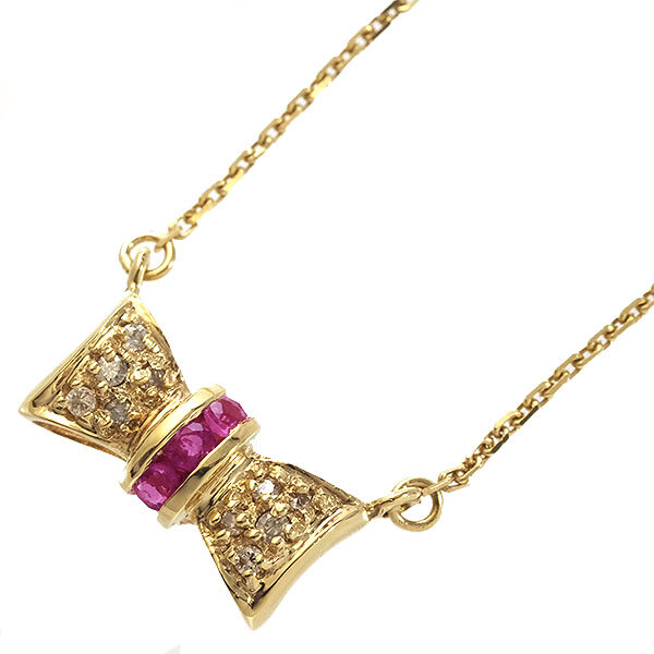 送料無料 本物 ルビーダイヤモンドネックレス K18YGイエローゴールド リボンデザイン ダイヤ0.05ct レディースペンダント おしゃれ 可愛い拍卖