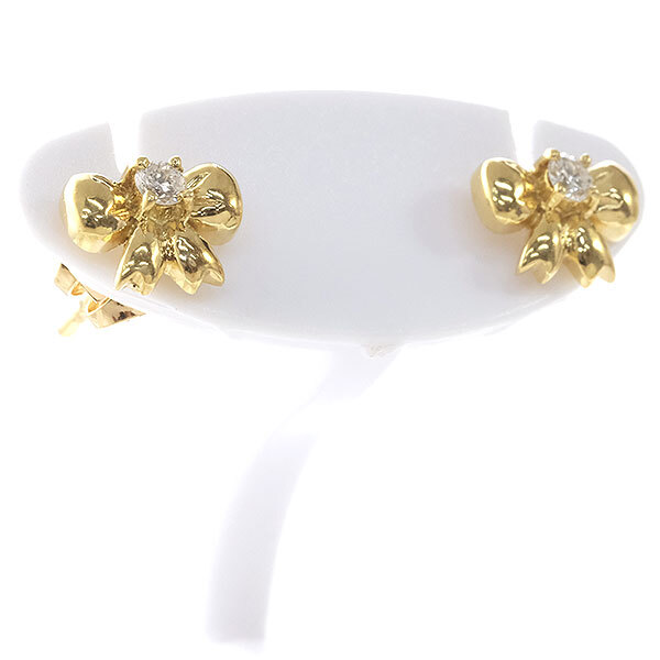 送料無料 本物 ダイヤモンドピアス K18YGイエローゴールド ダイヤ0.04ctか×2 リボンデザイン レディースアクセサリー おしゃれ 可愛い拍卖