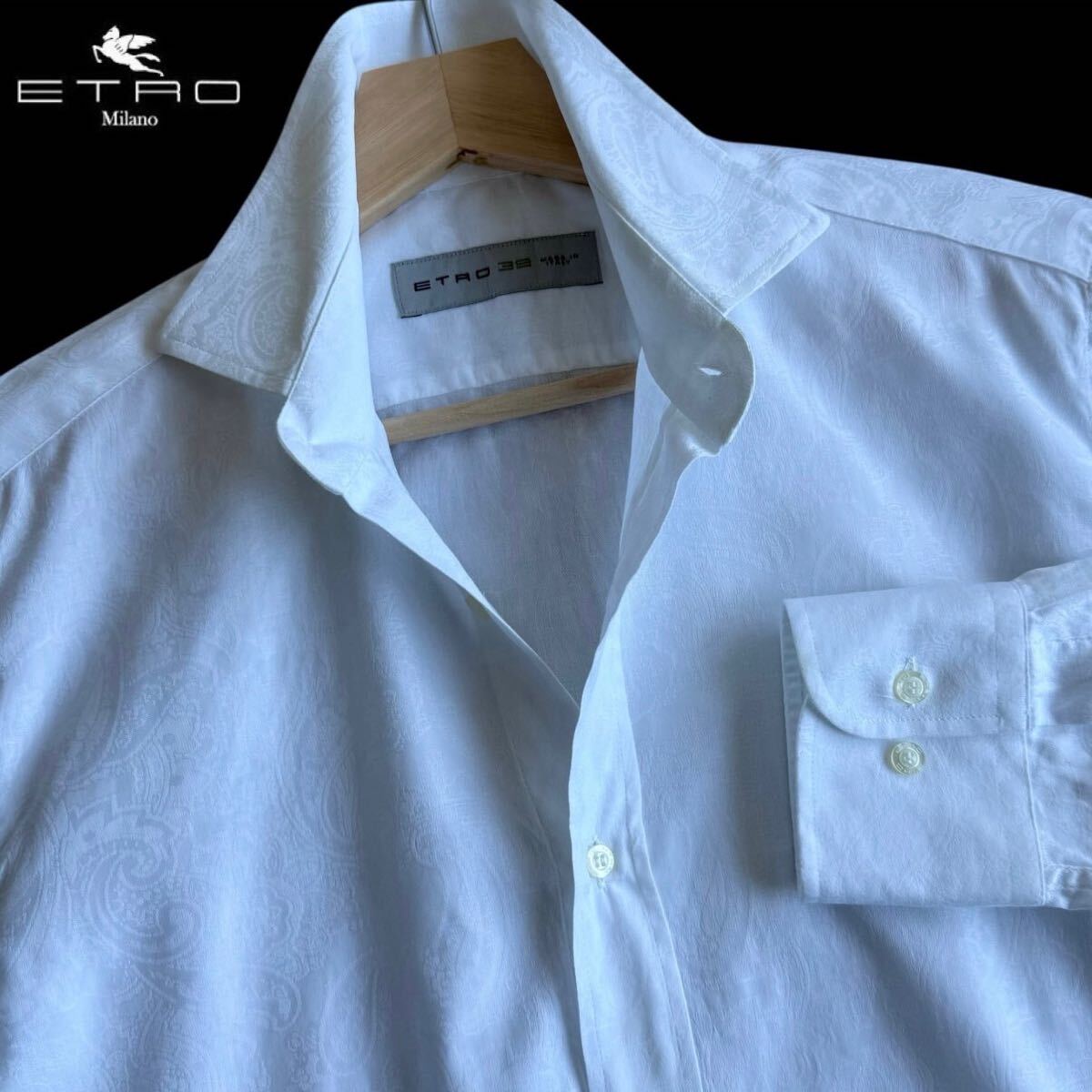 未使用級●圧巻のペイズリー柄!ETRO エトロ ジャガード ペイズリー 総柄 ドレスシャツ 長袖 羽織り イタリアンコットン 39 ホワイト 白拍卖