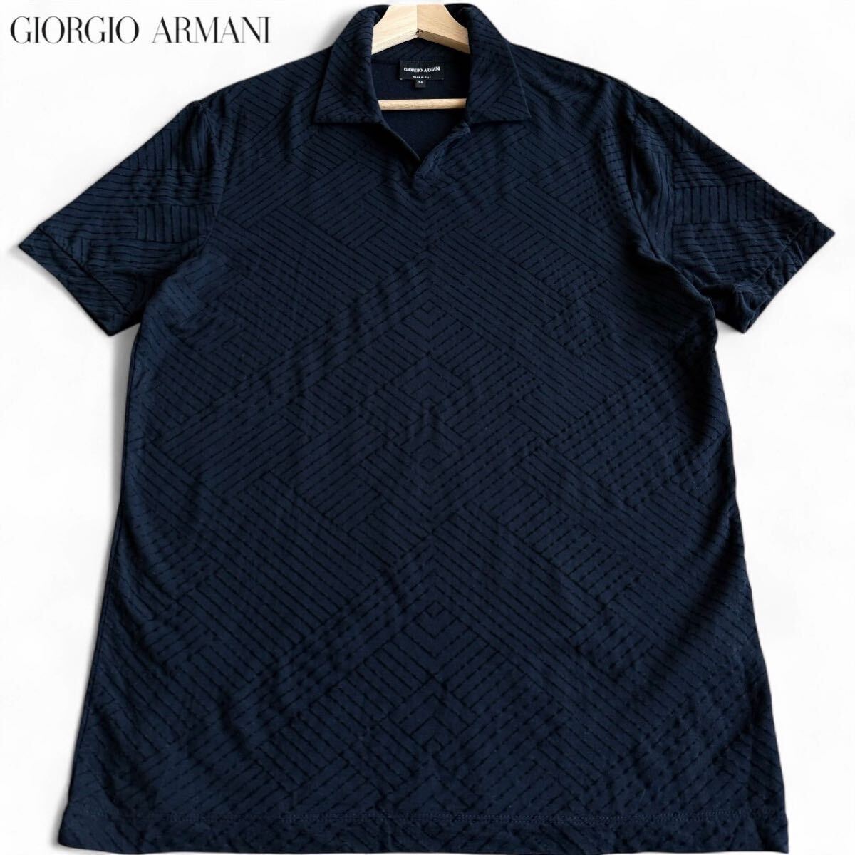 極美品/50(XL)●最高級 ジョルジオ アルマーニ ジャガード織 スキッパー ポロシャツ 半袖 ビスコース ストレッチ 紺 黒タグ GIORGIO ARMANI拍卖