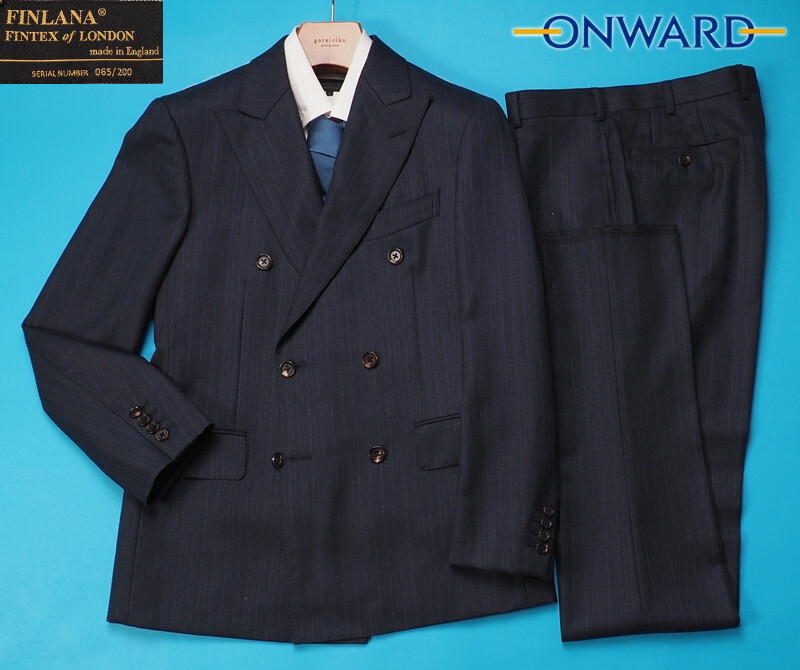 新品25.2万円 オンワード樫山 Royal Custom Selflex 日本製 秋冬『FINTEX of LONDON FINLANA 英国生地』ストライプ スーツY90(A6)紺 KW9258拍卖