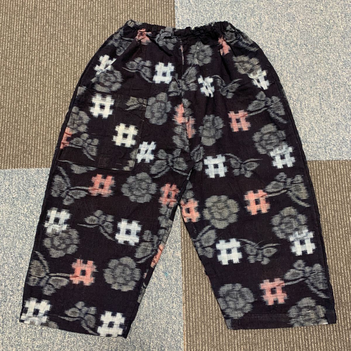ズボン パンツ 短パン もんぺ のら着 野良着 生地 蝶 リメイク 素材 ハンドメイド 古布 型染め 絣 手作り パッチワーク かすり(A-2607)拍卖