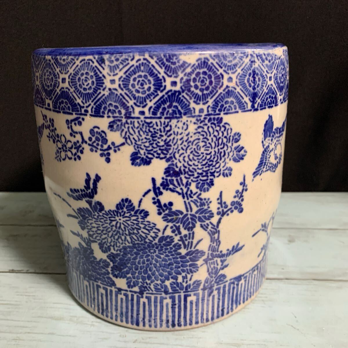 骨董 印判手花鳥図 手あぶり 火鉢 水鉢 金魚鉢 鉢 盆栽鉢 植木鉢 鉢カバー 昭和レトロ インテリア 飾り 置物 園芸 アンティーク (A-2621)拍卖