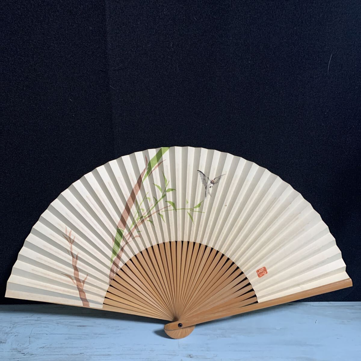 扇子 せんす 竹 鳥 安田生命 アンティーク コレクション 和装小物 紙扇子 竹フレーム 昭和レトロ 和風 (A-2698)拍卖