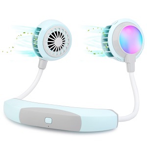 INTENAVI ネックファン首かけ扇風機羽なし静音軽量高品質360度LED付RGB光 水色拍卖