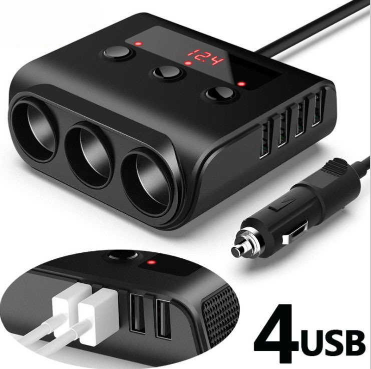 3連シガーソケット USB 4ポート 車載充電器 急速充電 12/24V対応拍卖