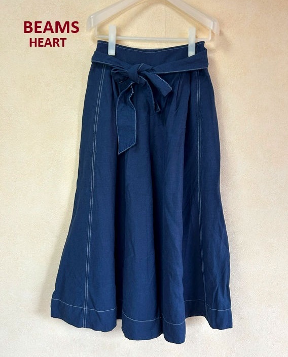 ●BEAMSHEARTビームスハートリボン付きワイドパンツM紺●スカート風拍卖