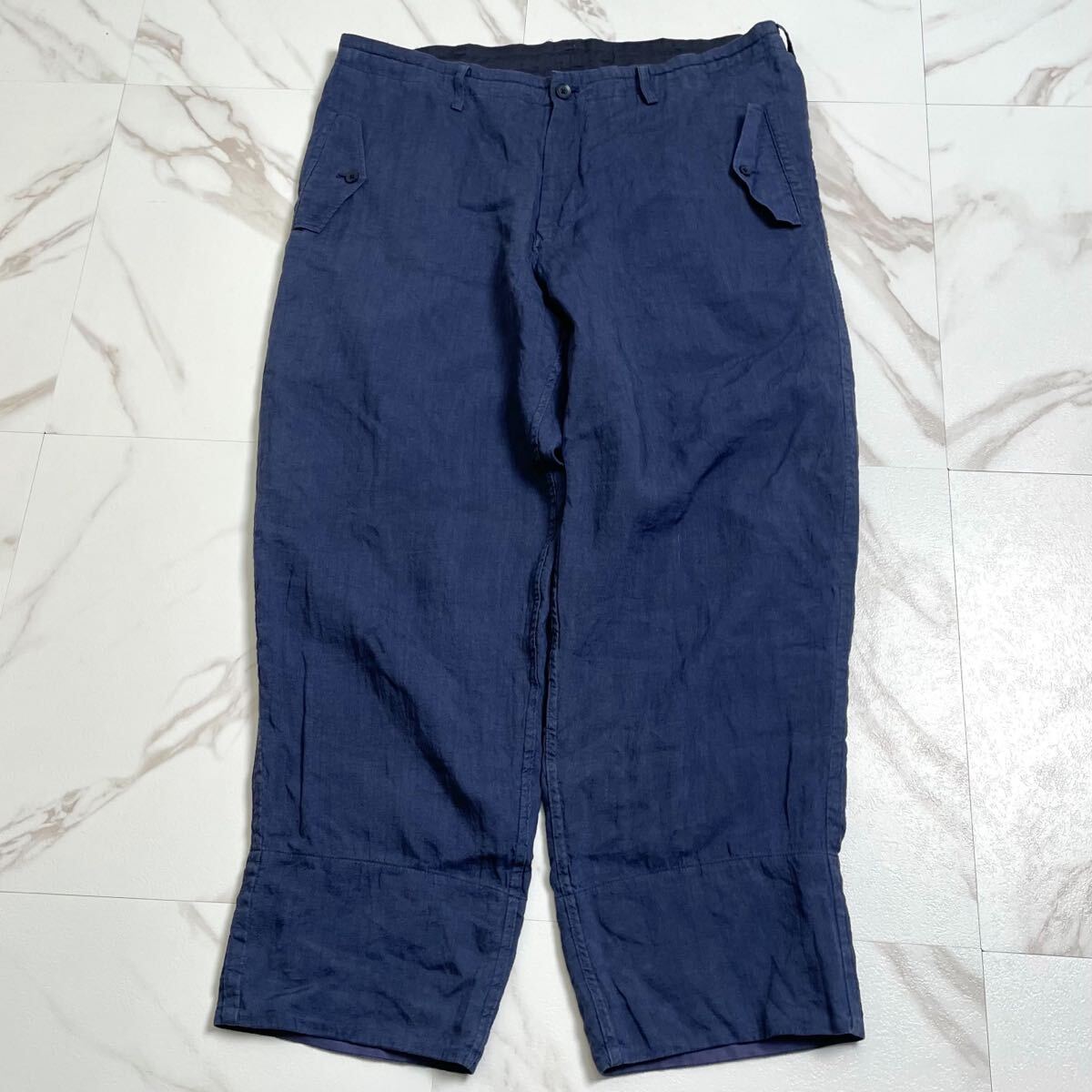 極美品 23SS◆Yohji Yamamoto POUR HOMME ワイドパンツ ドロスト ドローストリング 希少3 L位 リネン 麻 ブルー ヨウジヤマモトプールオム拍卖