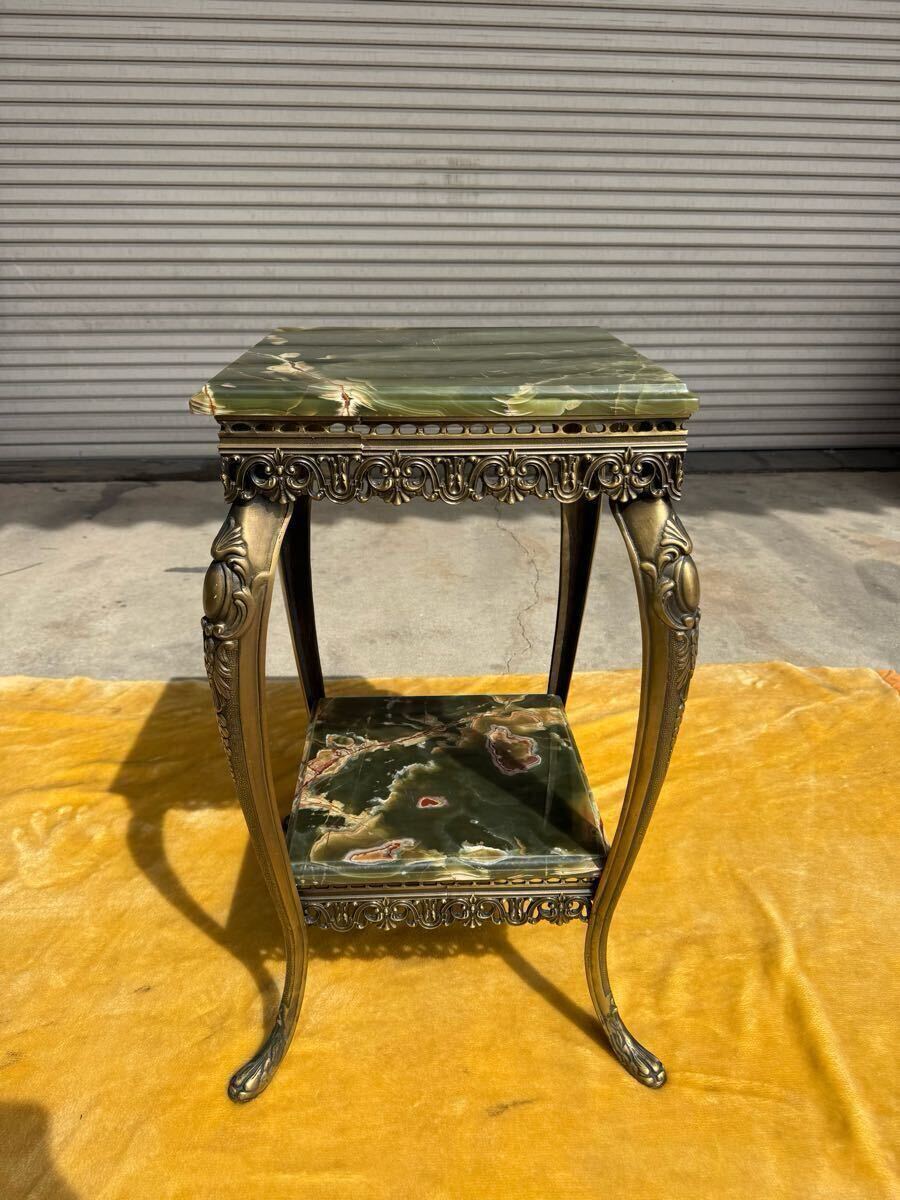 高級/Italy イタリア製/グリーンオニックス/オニキス/サイドテーブル/真鍮/飾り棚/飾り台/花台/大理石/猫脚/アンティーク/レトロ/ロココ拍卖