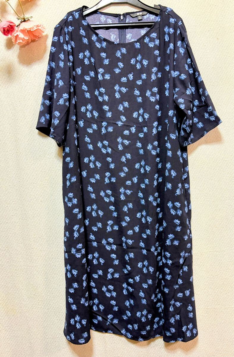 ユニクロ花柄ワンピース 半袖 ロング XL拍卖