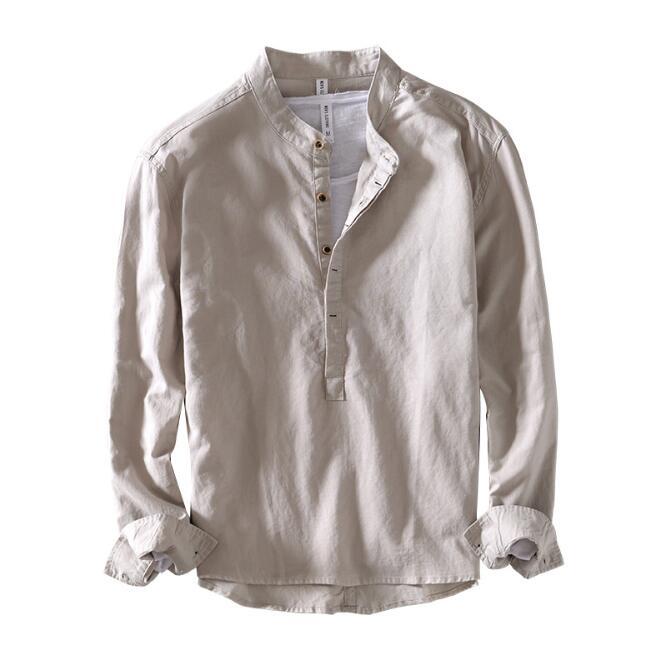 人気 新品リネンシャツ 長袖 立ち襟メンズ プルオーバー ヘンリーネック カジュアルシャツ 綿麻 夏服 トップス グレー 拍卖