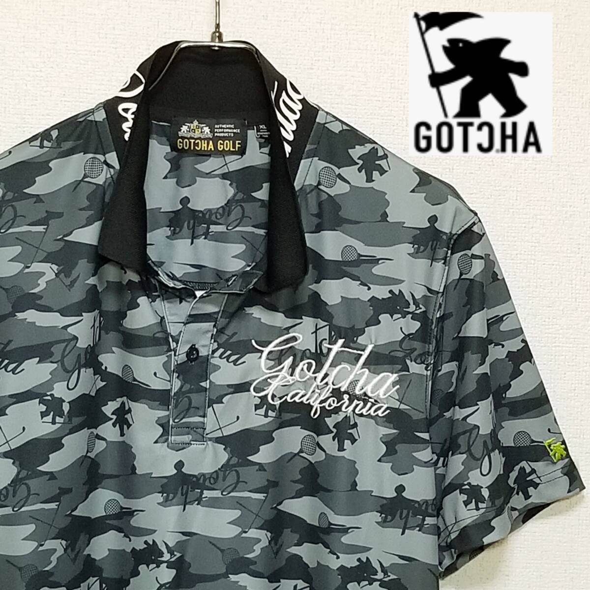 【BIGサイズ/美品】◎ GOTCHA GOLF ガッチャ ゴルフ/ 半袖 刺繍ロゴ 総柄 ポロシャツ ゴルフウェア SIZE: XL ブラック×グレー拍卖