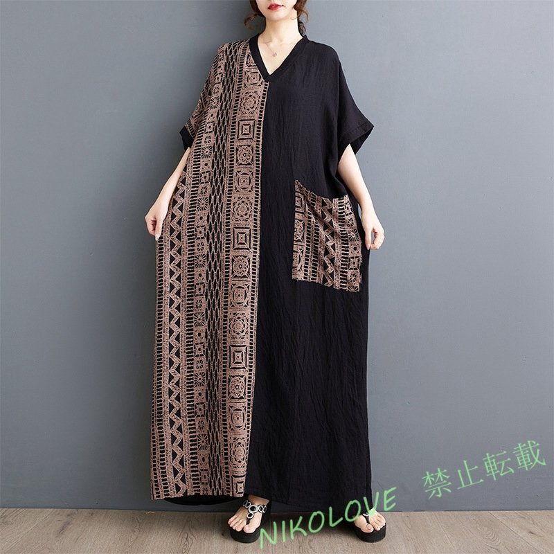 新品カジュアルアジアンエスニック柄がおしゃれなマキシ丈ワンピ 大きいサイズ Vネックですっきりコットン風ワンピ LC002拍卖