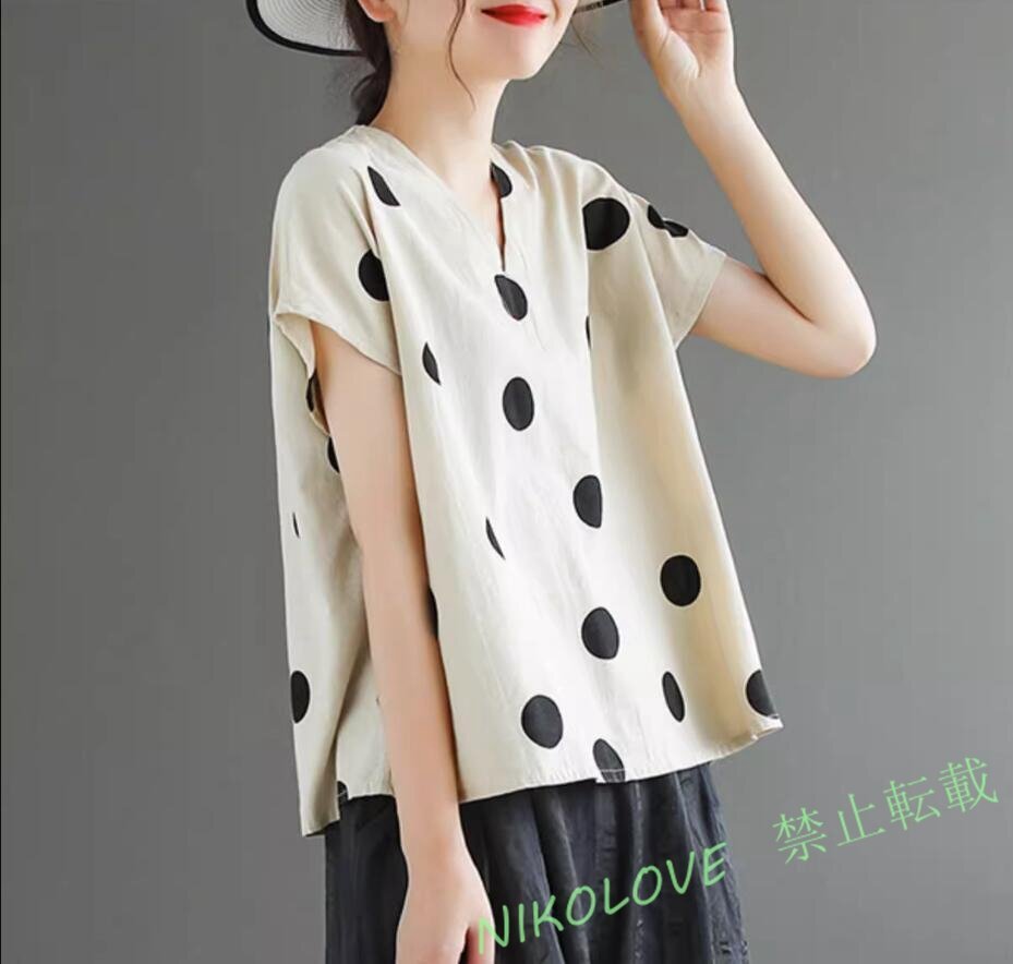 新品春夏チュニック レディース トップス Vネック 半袖 綿麻 楽ちん カジュアル 水玉柄 おしゃれ 通勤 大きいサイズ ブラウス L LH659拍卖