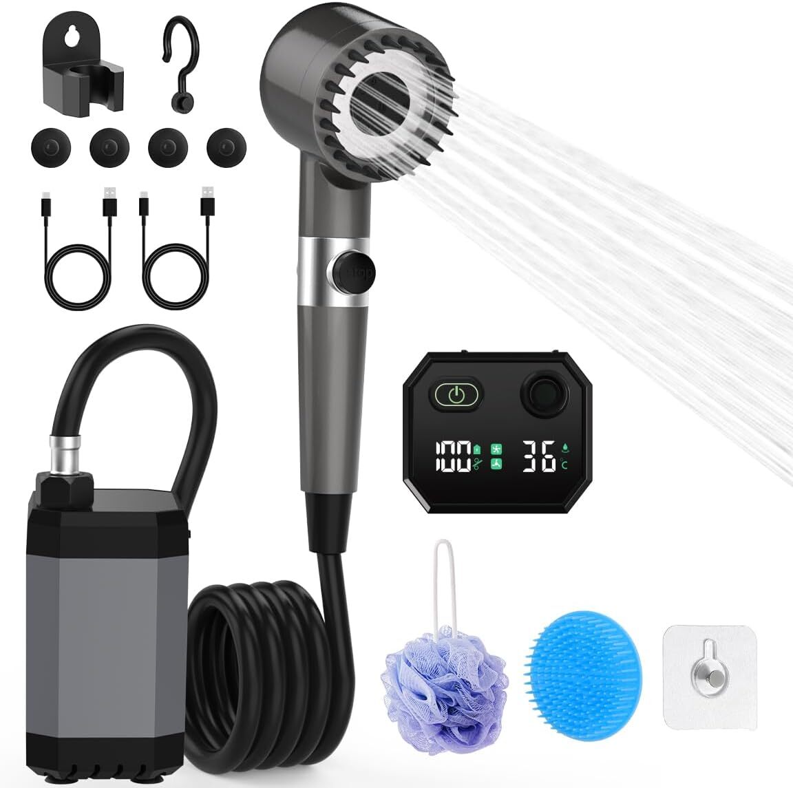 車中泊・ソロキャンプに最適 最強ポータブルシャワー 投げ込みヒーター 電気浸漬給湯器セット ポータブルシャワー キャンプ 拍卖