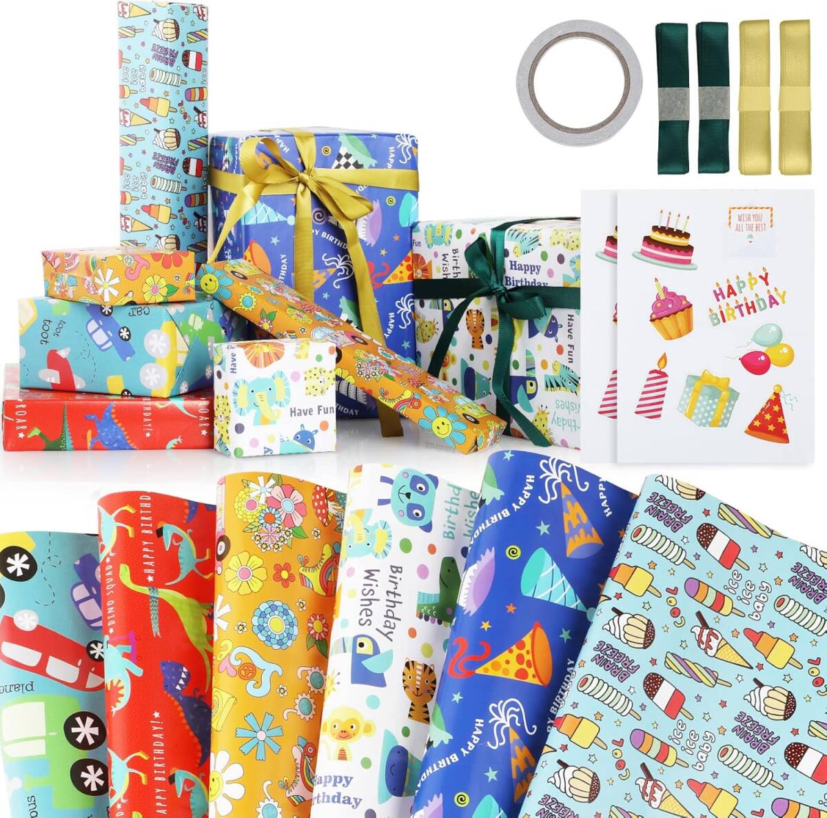 カラフルポップで子どもも大喜び 包装紙 ラッピングペーパー 大判 可愛い柄 子供 包装ペーパー 厚手 梱包 50×70cm, 6枚入り拍卖