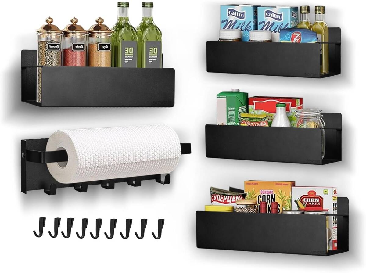 Skovtree 調味料ラック マグネット式 5点セット 冷蔵庫サイドラック スパイスラック キッチン収納用 マグネットペーパーホルダー付 拍卖