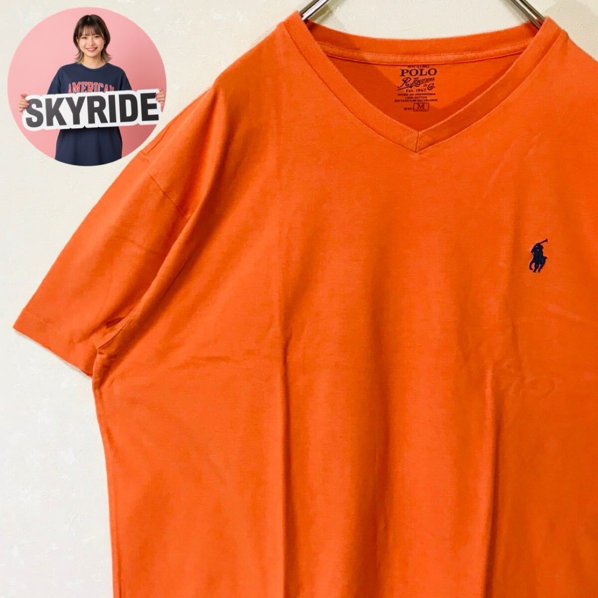 POLO RALPH LAUREN ポロラルフローレン ポニー刺繍 VネックTシャツ オレンジ Mサイズ 美品 メンズ 半袖 カジュアル 夏服 古着 TT0228拍卖