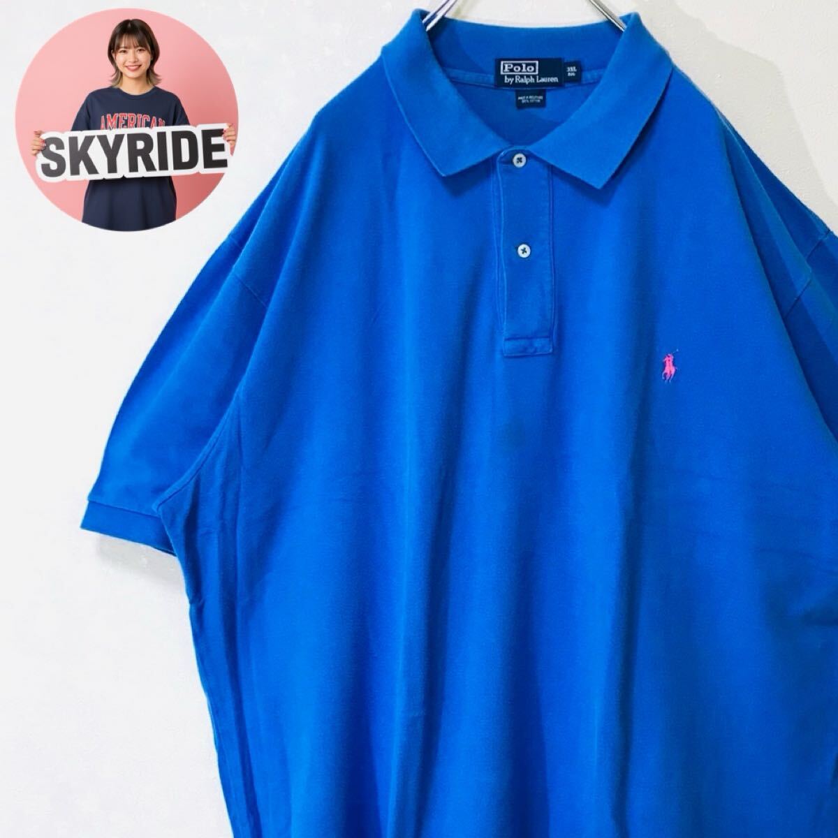 【美品】POLO by Ralph Lauren ポニー刺繍 ブルー 3XL ビッグシルエット ポロシャツ メンズ ポロバイラルフローレン 半袖 古着 #TT0257拍卖