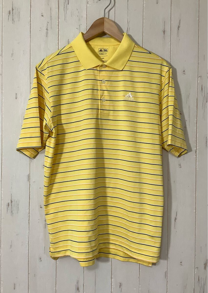 へ1679 adidas GOLF アディダスゴルフ ボーダー メッシュ半袖ポロシャツ M イエロー ロゴ刺繍拍卖