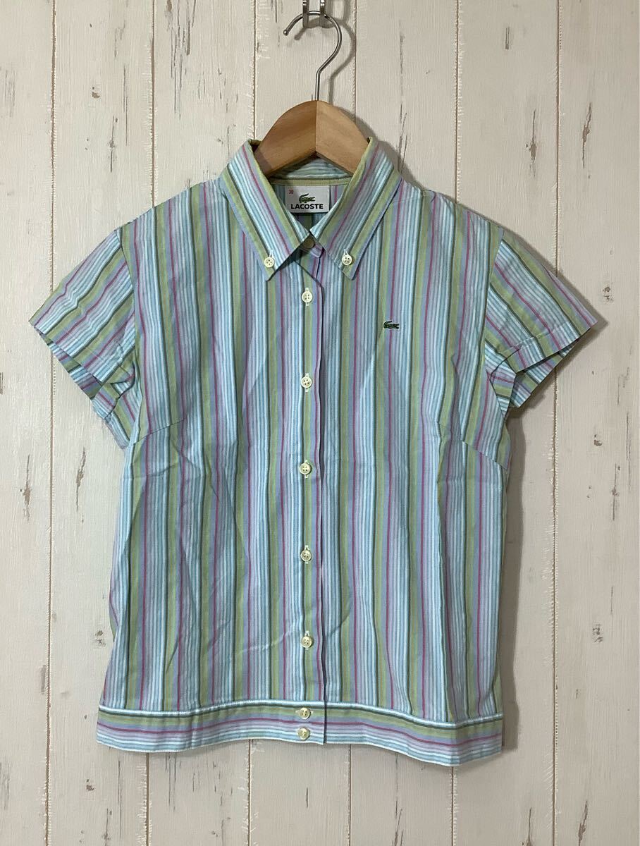な1645 LACOSTE ラコステ ストライプ 半袖シャツ 38 ボタンダウン マルチカラー レディース ライトブルー 日本製拍卖
