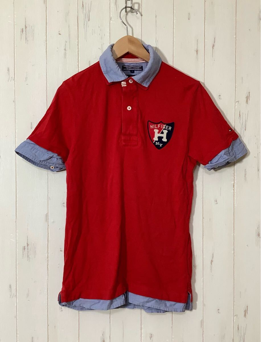な1665 TOMMY HILFIGER トミーヒルフィガー ハーフジップ 半袖ポロシャツ ラガーシャツ S レッド スリムフィット拍卖