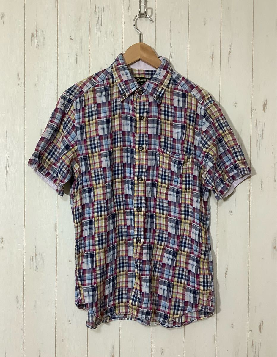 は1638 AIGLE エーグル ガーゼ地 チェック 半袖シャツ M ボタンダウン マルチカラー拍卖
