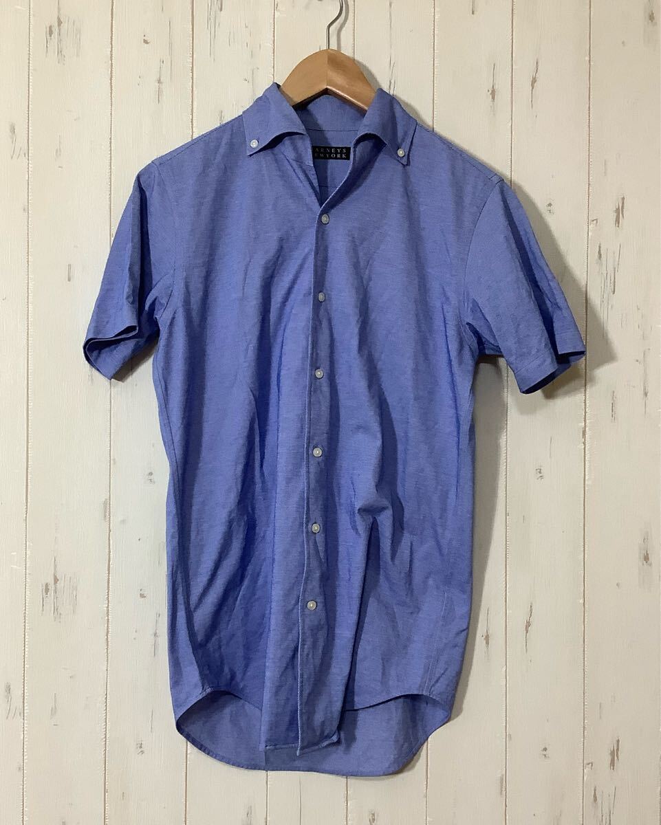 み1645 BARNEYS NEWYORK バーニーズニューヨーク オープンカラーシャツ 半袖シャツ S ブルー ボタンダウン 日本製拍卖