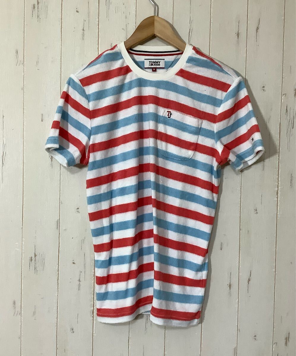 へ1644 TOMMY JEANS トミージーンズ パイル地 ボーダー 半袖Tシャツ M ホワイト/レッド/ライトブルー拍卖