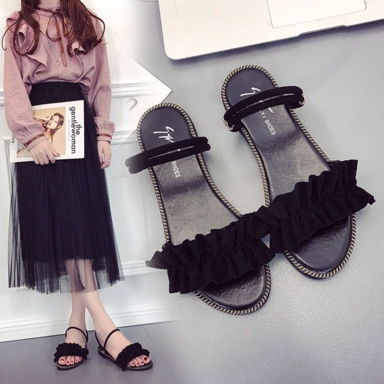 送料無料★即納 新品 華奢見え細ストラップサンダル フリル ペタンコサンダル 可愛い フラットサンダル サンダル★37/ブラック拍卖