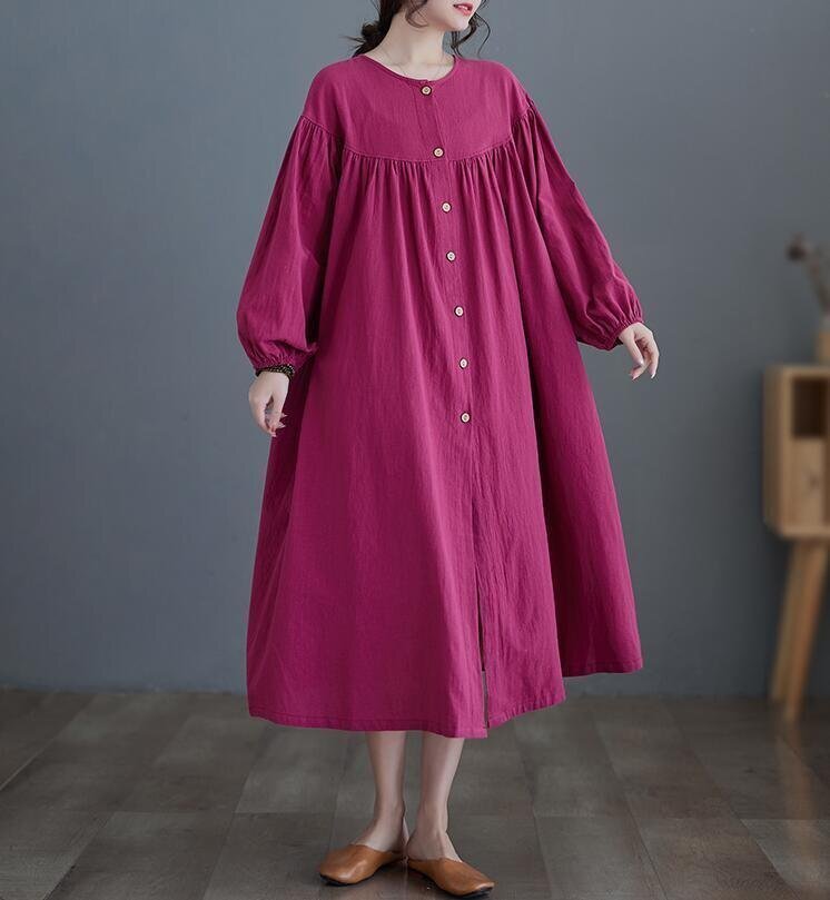 カジュアル ゆったり ロングワンピース 着やせ 体型カバー 大きいサイズ きれいめ 綿麻 長袖 マキシワンピースK0286拍卖