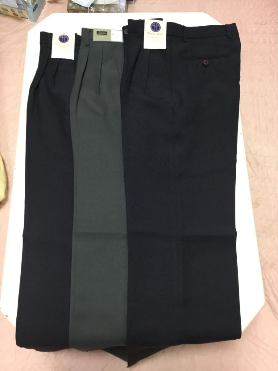 紳士 スラックス タックあり ウエスト76cm 紺 2本・グレー1本計3本セット 未使用保管品拍卖