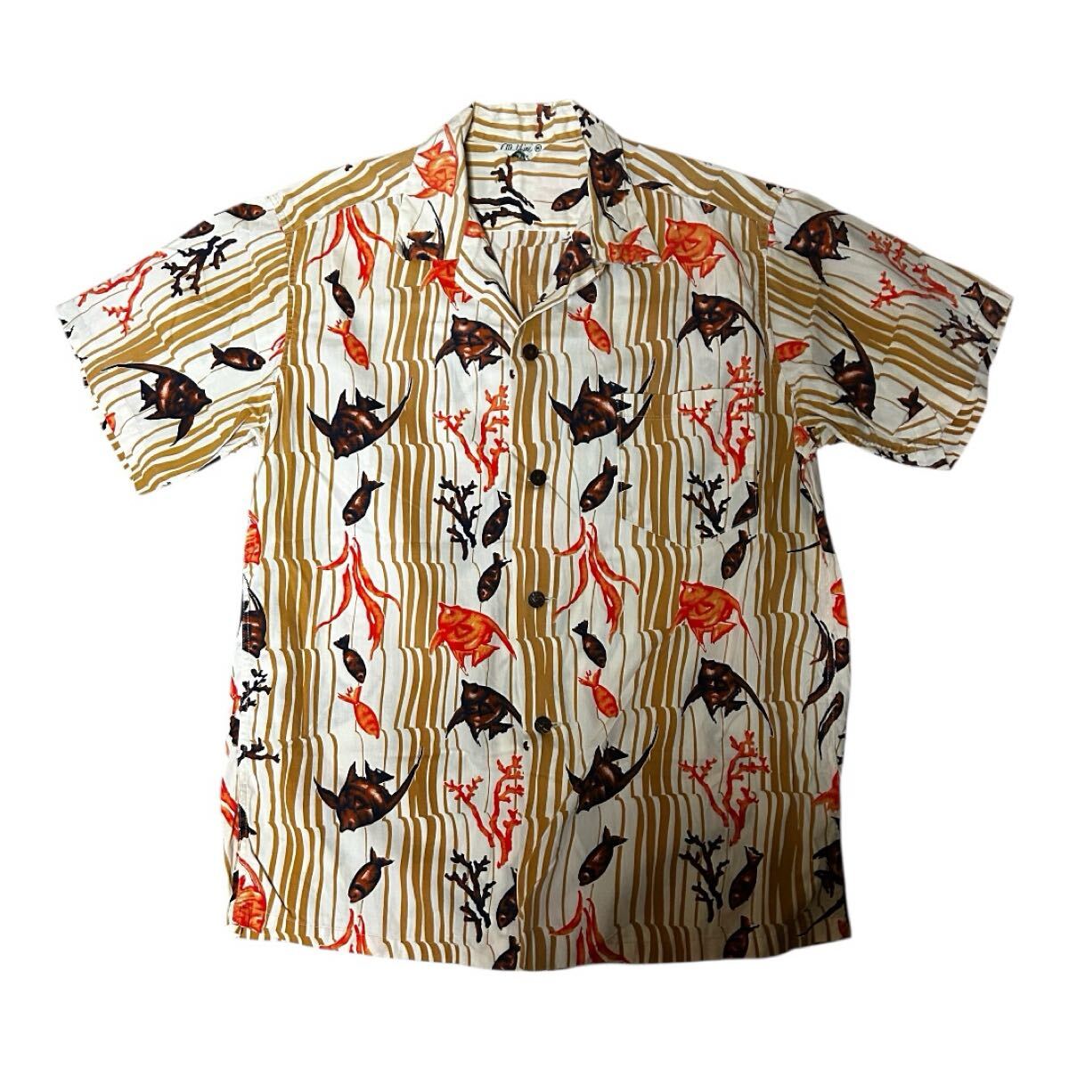 60s Vintage HAWAII製 malihini アロハシャツ M 魚拍卖