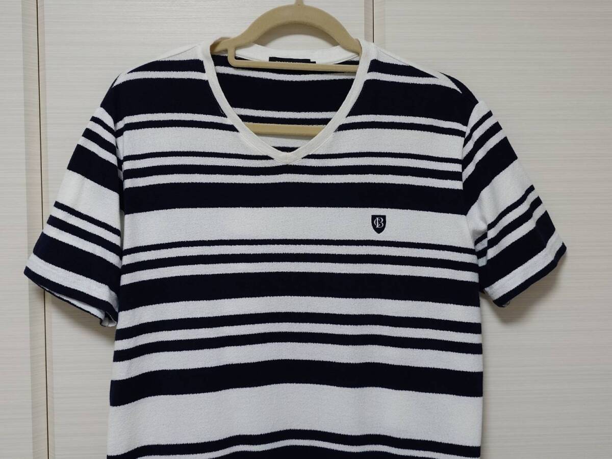 ★超美品 国内正規品 バーバリー ブラックレーベル コットンボーダーVネックTシャツ Mサイズ 紺/白色★拍卖