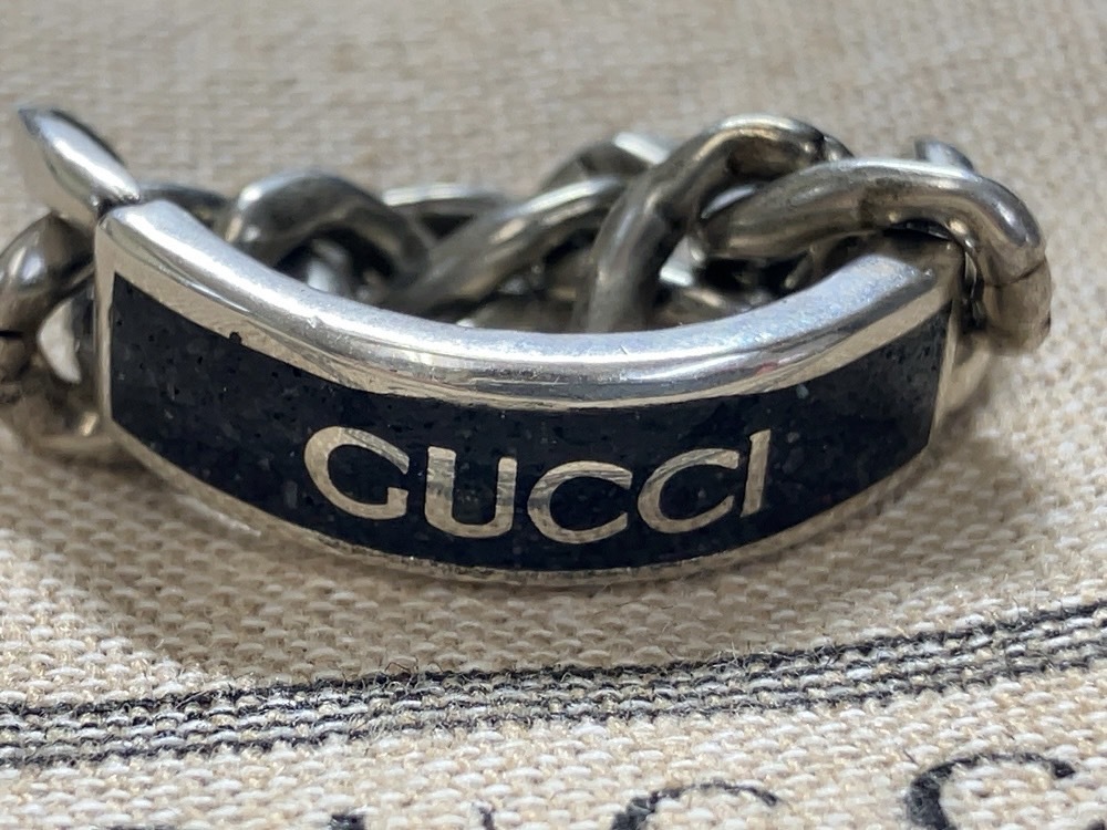 ★GUCCI グッチ チェーンリング シルバーリング Ag925 24号 プレート ブラック ブランド 人気 ユニセックス 中古拍卖