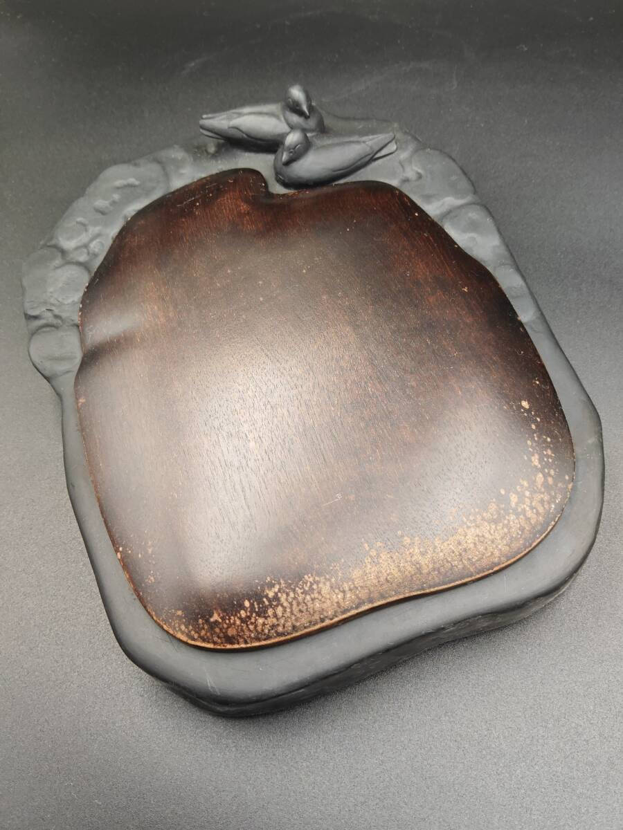 A 雨端硯 十一世 雨宮静軒(作) 海鴎硯 唐木蓋付 共箱 書道具 古道具拍卖