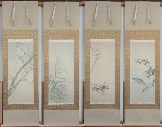 即決■工芸 松村景文 四季花鳥図 4点 箱入り■印刷 掛軸 と-44拍卖