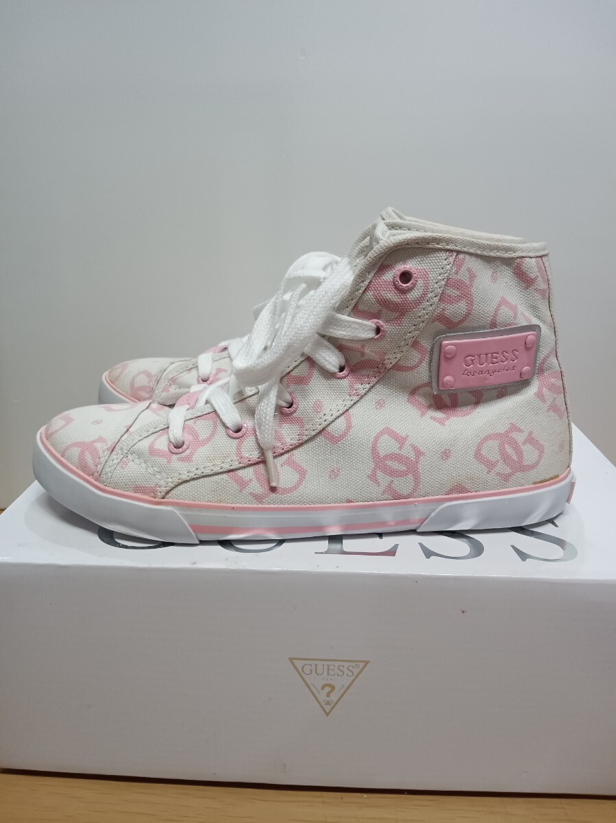 GUESS ゲス レディース スニーカー ミドル 24cm ピンク×ホワイト キャンバス 保管品 シミあり拍卖