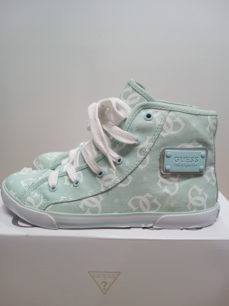 GUESS ゲス レディース スニーカー ミドル 24cm グリーン×ホワイト キャンバス シミあり 保管品拍卖