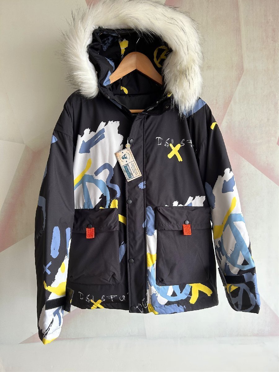 YR-黒/ 落書き【実寸2XL L-XL程度】最高級ライン 個性の溢れるパターン 肉厚 防寒防風 寒冷地 Ecoファー付 ファー脱着 高品質 贅沢 ダウ拍卖