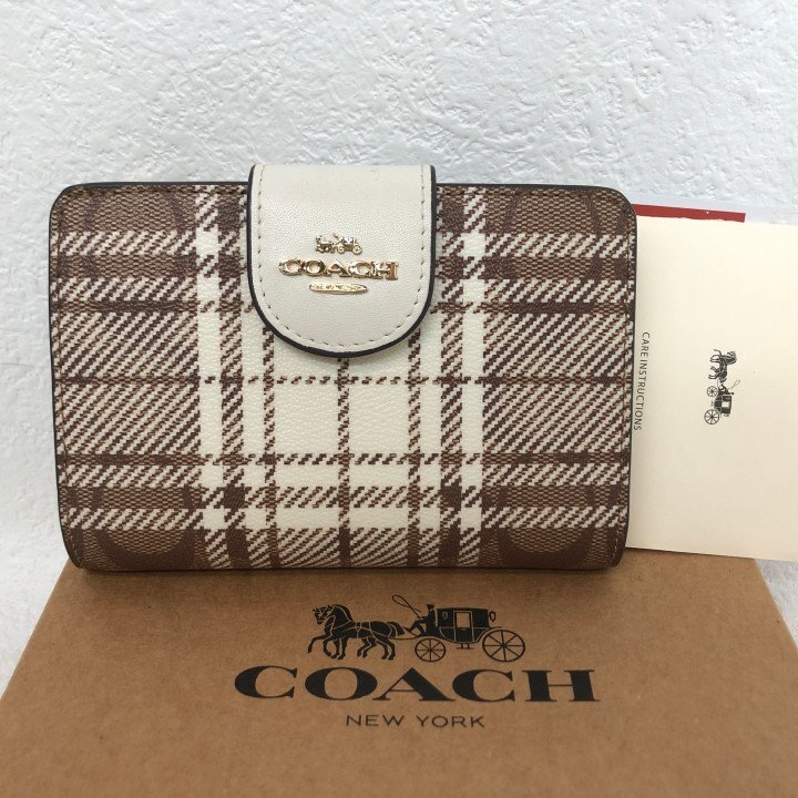 COACH コーチ 箱有 チェック柄 二つ折り 財布 小銭入れ有 ブラウン/ホワイト LH632025072105拍卖