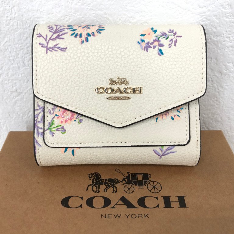 COACH コーチ 箱有 フローラル柄 ミニトライフォールドウォレット 三つ折り財布 小銭入れ有 ホワイト LH632025070705拍卖