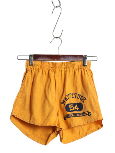 50s USA製 ランタグ チャンピオン ショートパンツ キッズ 140cm ヴィンテージ 3段 カレッジ プリント イージー ショーツ 短パン マスタード拍卖