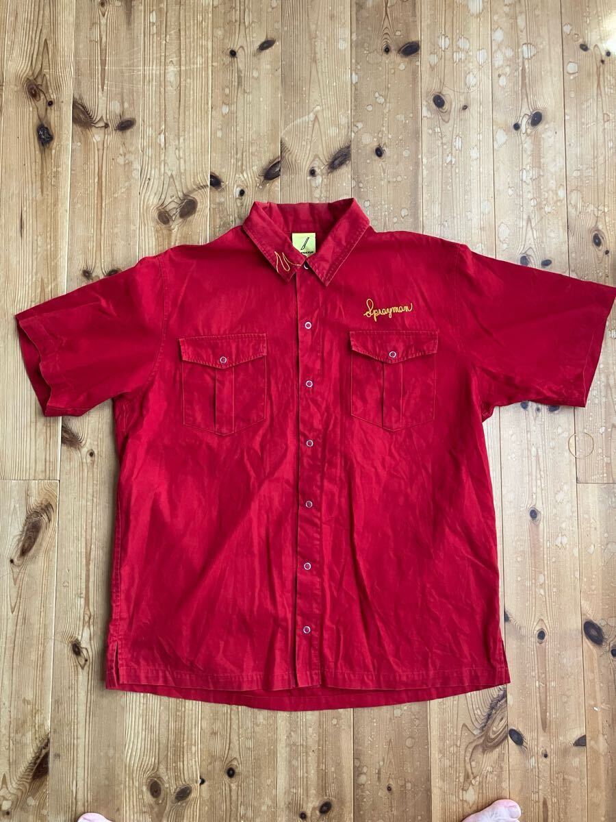 バンザイペイント 半袖ワークシャツ 半袖 シャツ ワークシャツ チェーン刺繍 赤 アメカジ BONZAIPAINT L 日本製拍卖