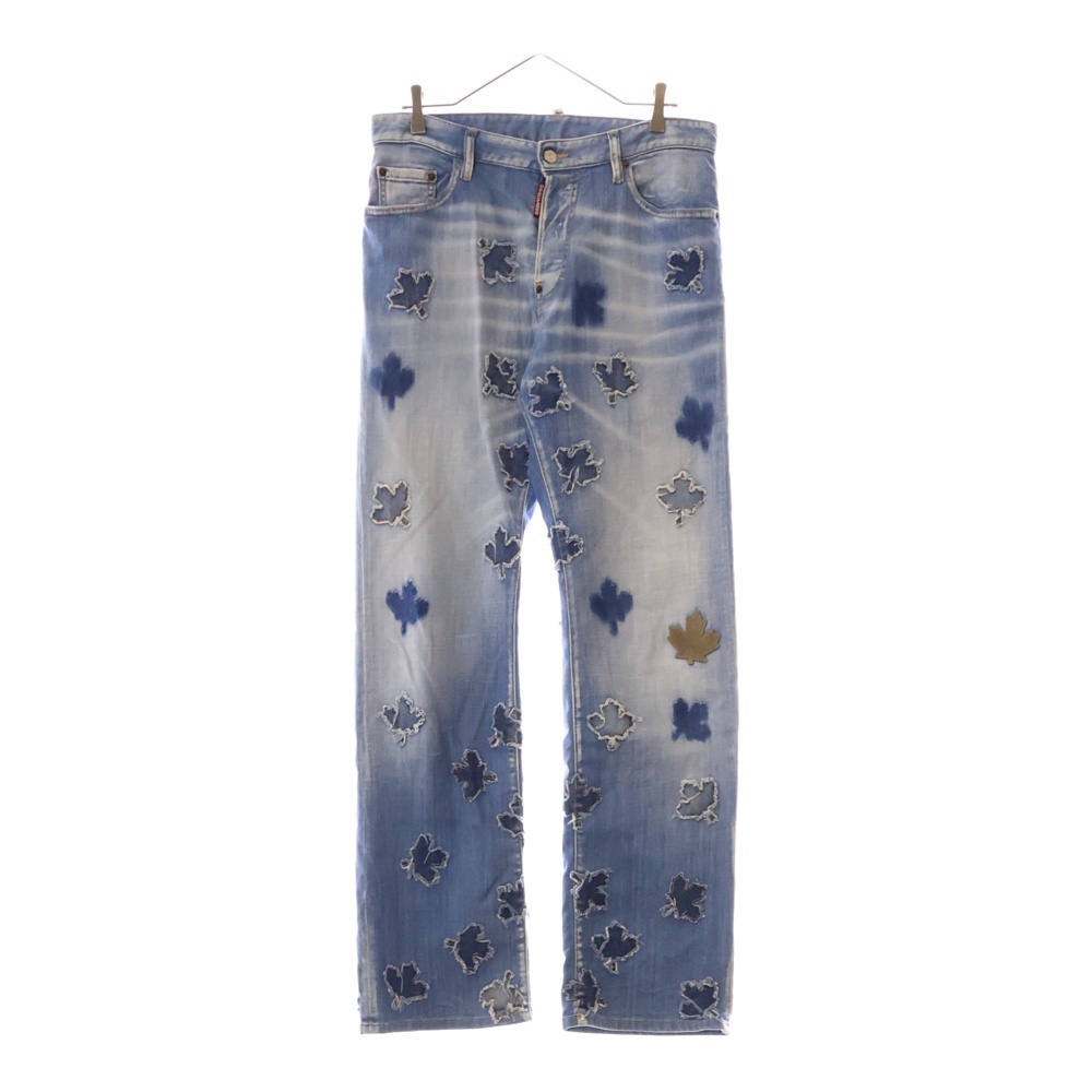 ディースクエアード 22AW ALL OVER PATCHED LEAF ROADIE FIT DENIMS リーフパッチ ストレートデニムパンツ ジーンズ S74LB1139 S30342拍卖