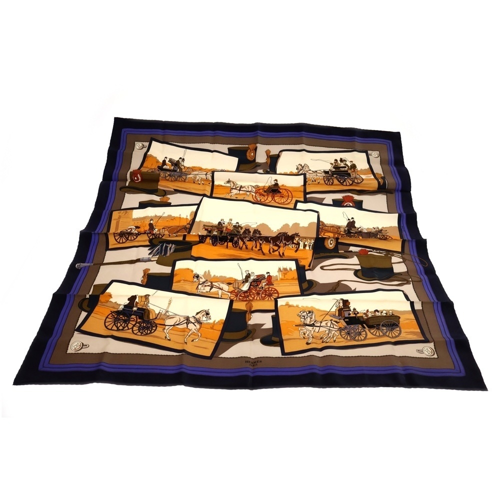 HERMES エルメス カレ90 馬車柄 プリント シルクスカーフ ネイビー/ベージュ拍卖