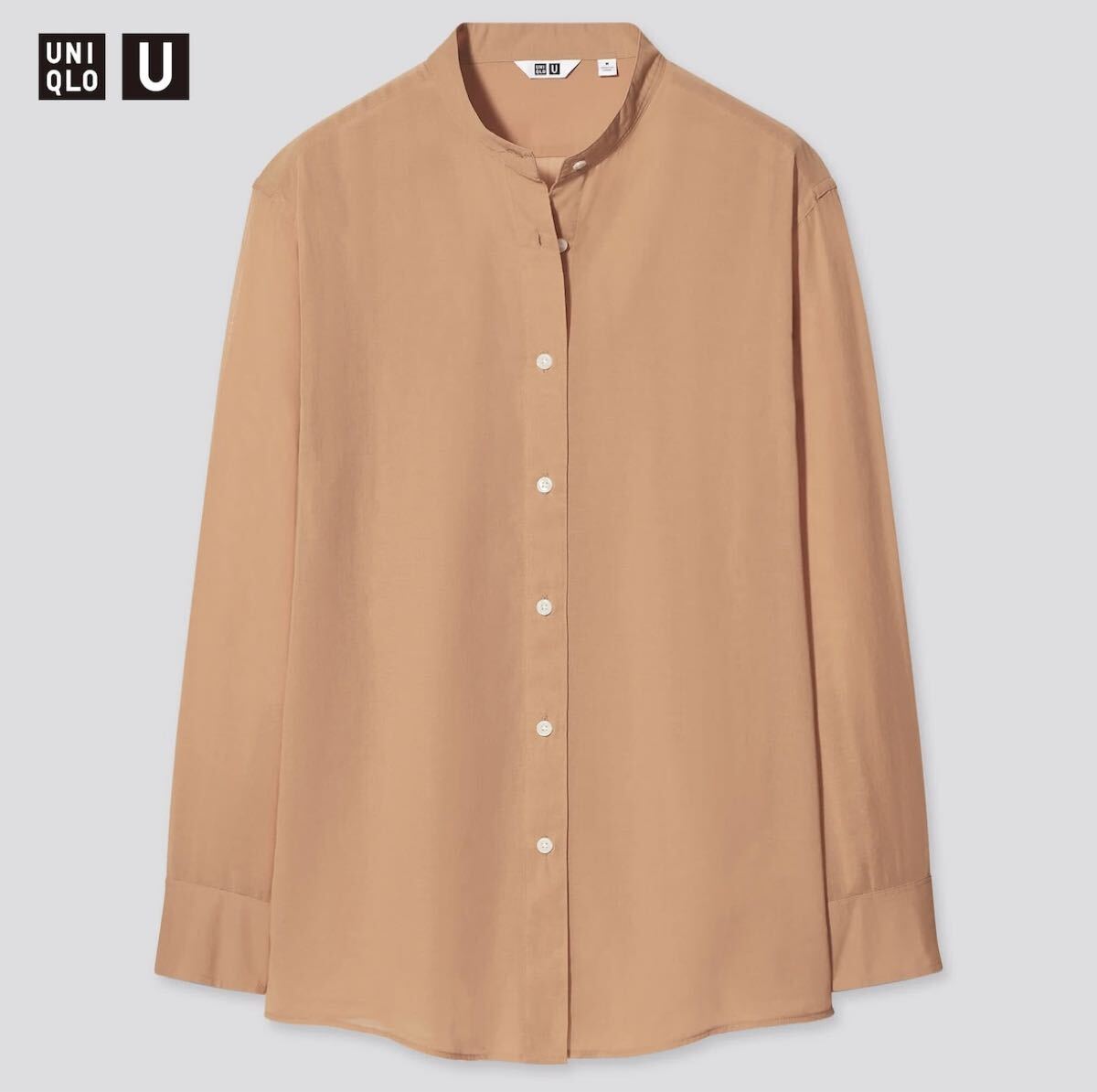 送料無料★1度着用 ユニクロ シアーバンドカラーシャツ 長袖 ブラウン L拍卖
