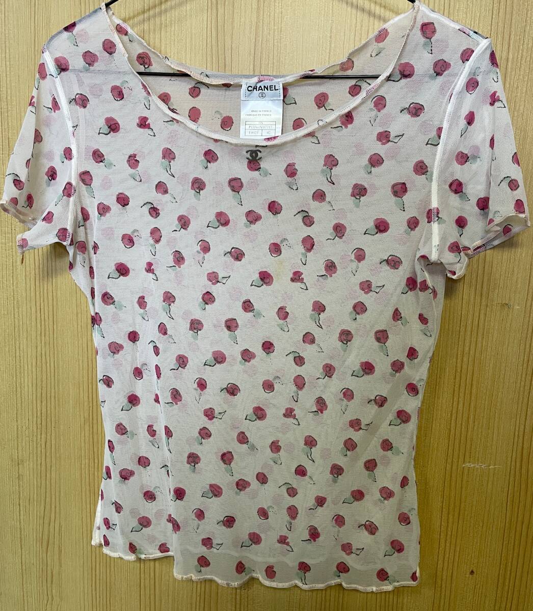 CHANEL シャネル 半袖レース地トップス カメリヤローズ総柄 美品 本物送料無料 拍卖