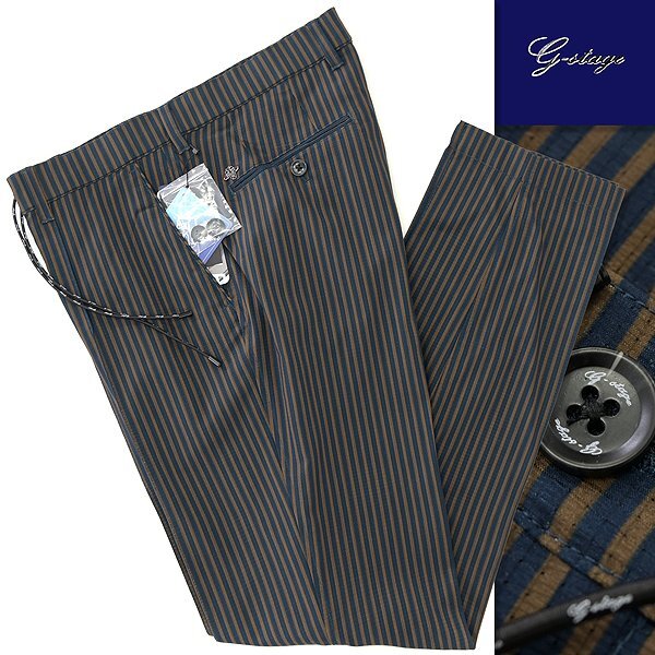 新品 ジーステージ 盛夏OK 通気性 ストレッチ ストライプ スラックス 46(M) 紺 茶 【1-20523_6_46】 春夏 G-stage AIR WINDOW 洗濯 サマー拍卖
